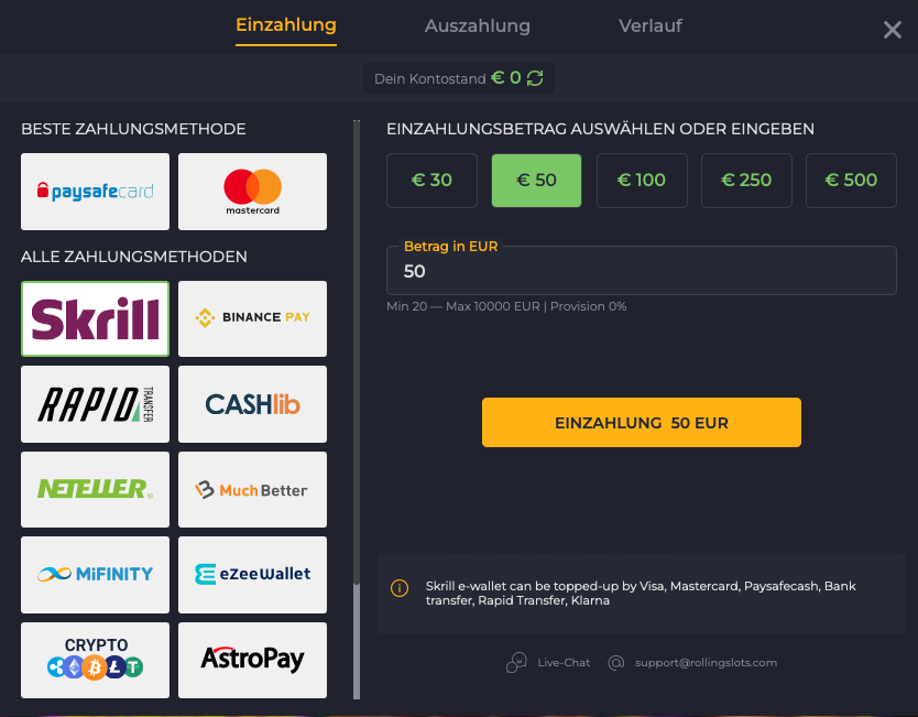 Rolling Slots Zahlungmethoden